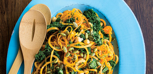 Butternut Squash Noodles with Kale, Chickpeas, and Pumpkin Seeds