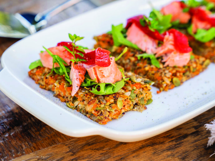 Seedy Carrot Flatbreads with Roasted Salmon