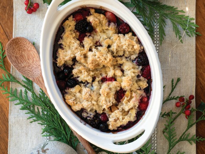 Mixed Frozen Berry Cobbler with Crystallized Ginger